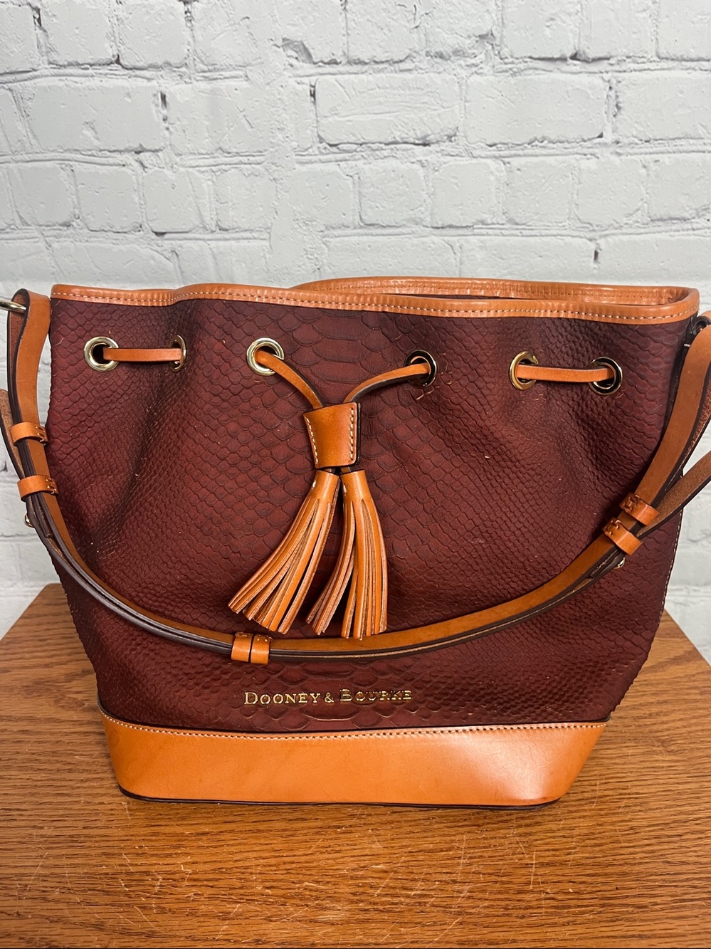 Dooney & Bourke Python & Leather Drawstring & Tassels Shoulder Bag